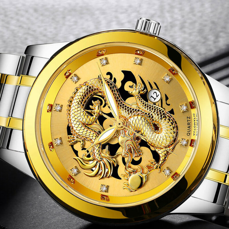 Роскошные водостойкие мужские часы золотые серебряные дракон из нержавеющей стали Скелет кварцевые наручные часы для женщин мужчин бизнес