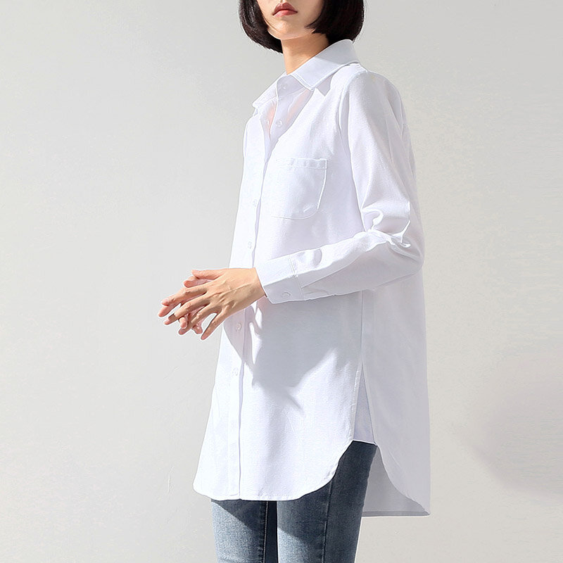 Chemisier blanc pour femmes, chemise blanche, ample, grande taille, en lin, ourlet incurvé, col rabattu, poche