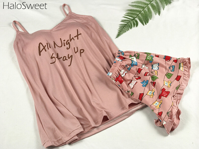 HaloSweet Sommer Baumwolle Nachtwäsche Frauen Pyjamas Weibliche Hause Kleidung Für Frauen Shorts Anzüge Kleidung Kawai Zwei Stück Sling Shorts