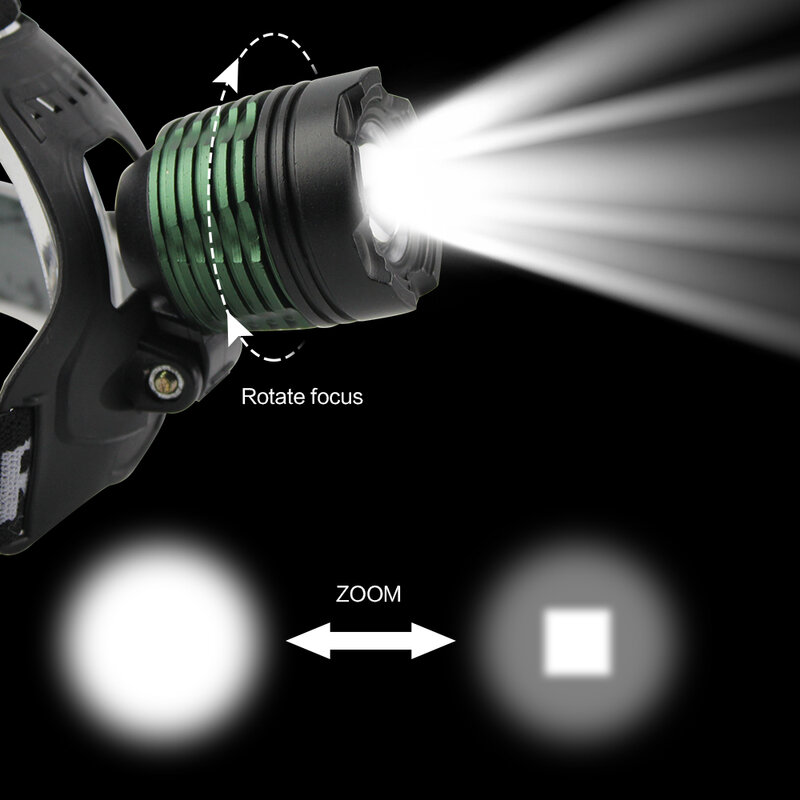 Lanterna de cabeça xm-l t6 led de 1000lm com zoom ajustável, lanterna tocha + bateria 18650 + carregador