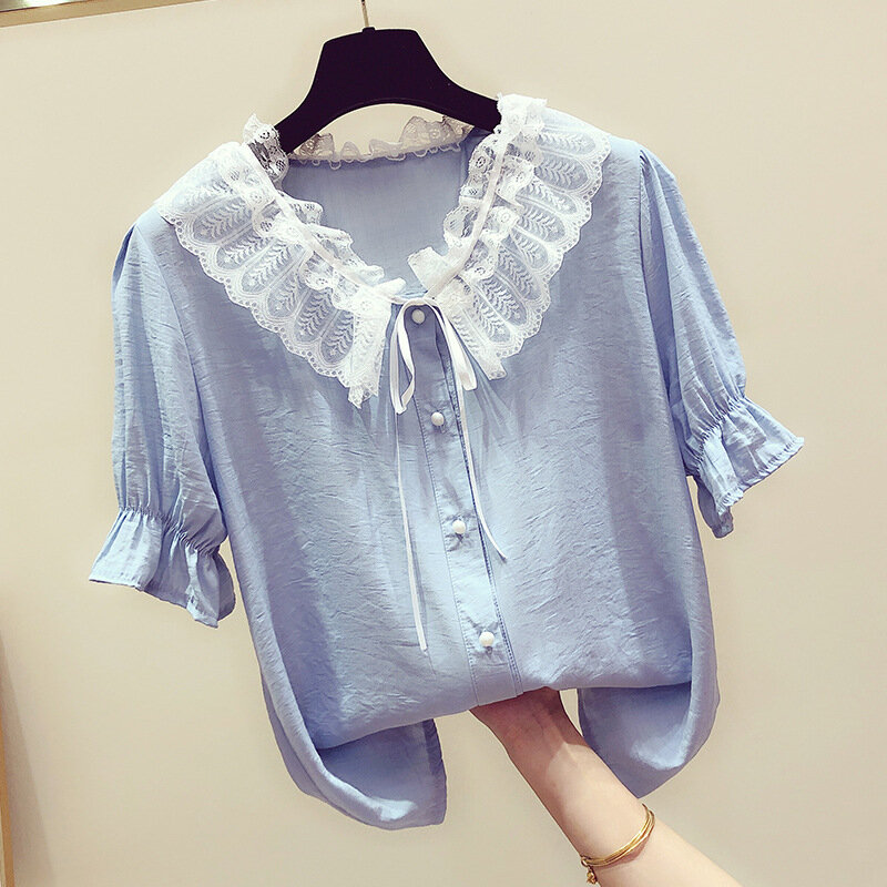 Blusa feminina de verão com laço e gola v, camisa apertada de manga curta de cor pura para meninas, camisas estilo coreano h9155