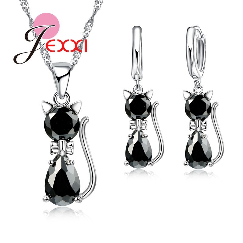 Conjunto de jóias de prata gato bonito para mulheres, colar romântico, brincos, cristal austríaco, transporte rápido, varejo, noivado