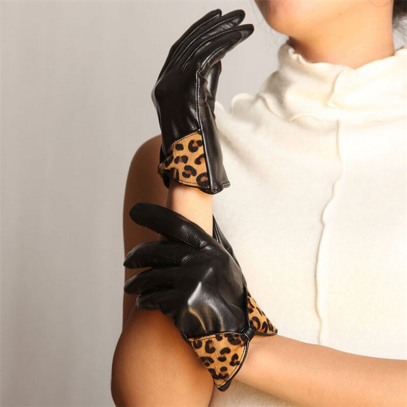 Skórzane rękawiczki kobiety moda Leopard na rękę Bowknot prawdziwej skóry jagnięcej rękawiczki zimowe ciepłe jazdy dla pani darmowa wysyłka L100NQ-5