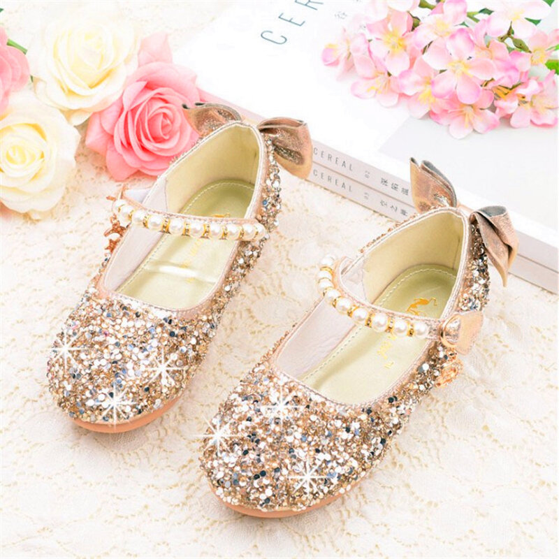 Size 24#-36# Girls Shoes Princess Wedding Party Kids Leather Shoes Pearl Glitter Children Pink Bowtie Flat heel Shoes Christmas