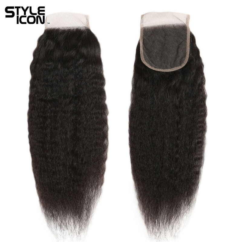 Styleicon-Tissage péruvien non Remy avec lace closure, cheveux crépus lisses, 100% cheveux humains, 3 lots