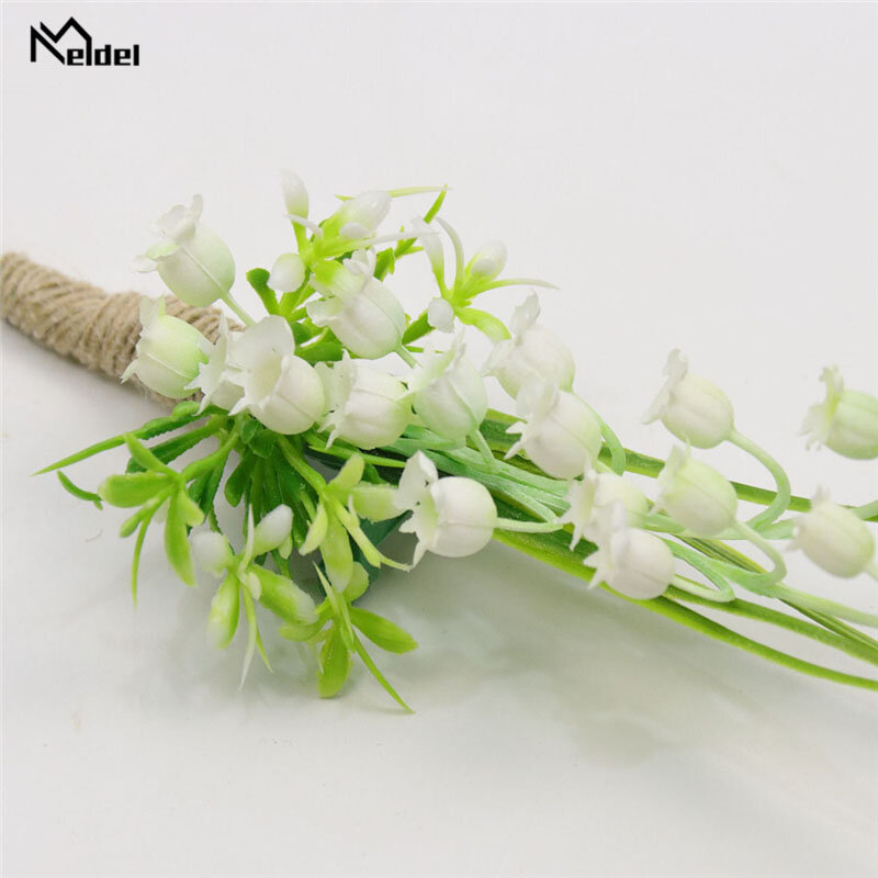 Meldel كورسيج العريس بوتونيير الرجال الأوركيد دبوس أبيض أخضر الاصطناعي الزهور مريح زنبق الوادي لوازم الزفاف