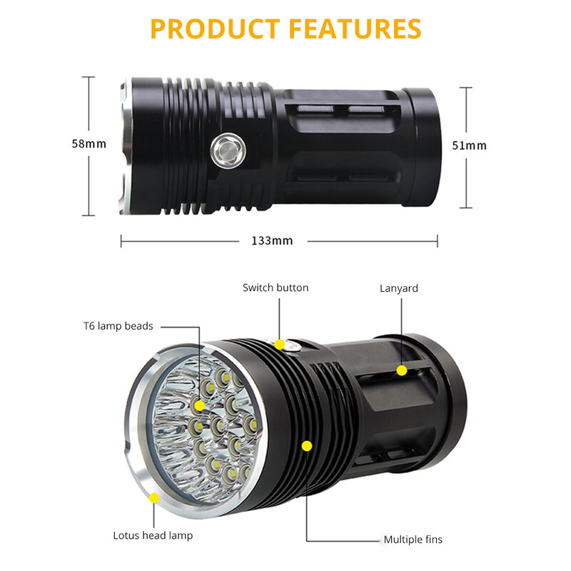 Lampe torche LED portable, 3modes d'éclairage, 3 à 18 x T6, 4x18650, la plus injuste