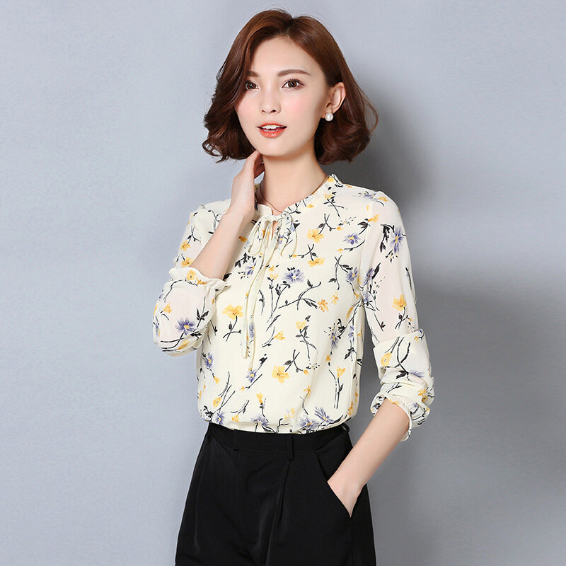 Camisa de gasa estampada para mujer, blusa holgada ajustada de manga larga, cuello redondo, ropa informal coreana, H9024, otoño y primavera