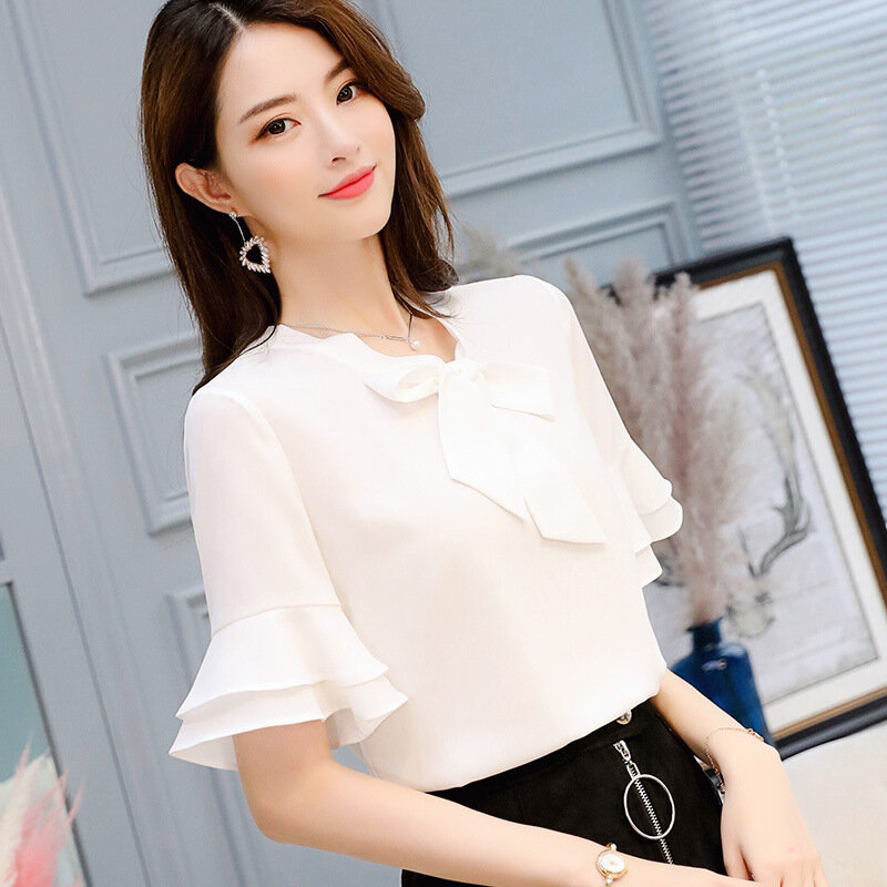 Женская шифоновая блузка с бантом, однотонная Повседневная облегающая офисная блузка с коротким рукавом, модель H9106 в Корейском стиле на весну и лето