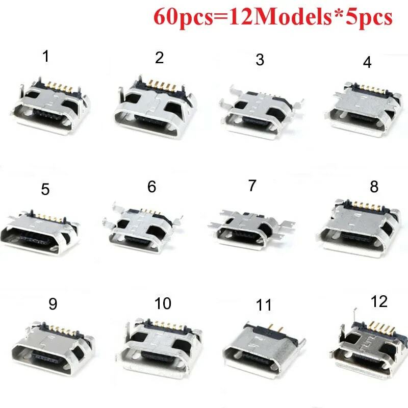 60 unids/lote 5 Pin SMT conector de enchufe Micro USB tipo B hembra colocación 12 modelos SMD DIP conector de enchufe