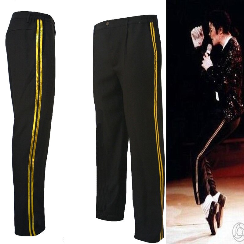 MJ Michael Jackson สีดำ Billie Jean ความบันเทิงทองตรงกางเกงกางเกงยีนส์ขาเต่อความยืดหยุ่นข้อเท้าความยาวกางเกง