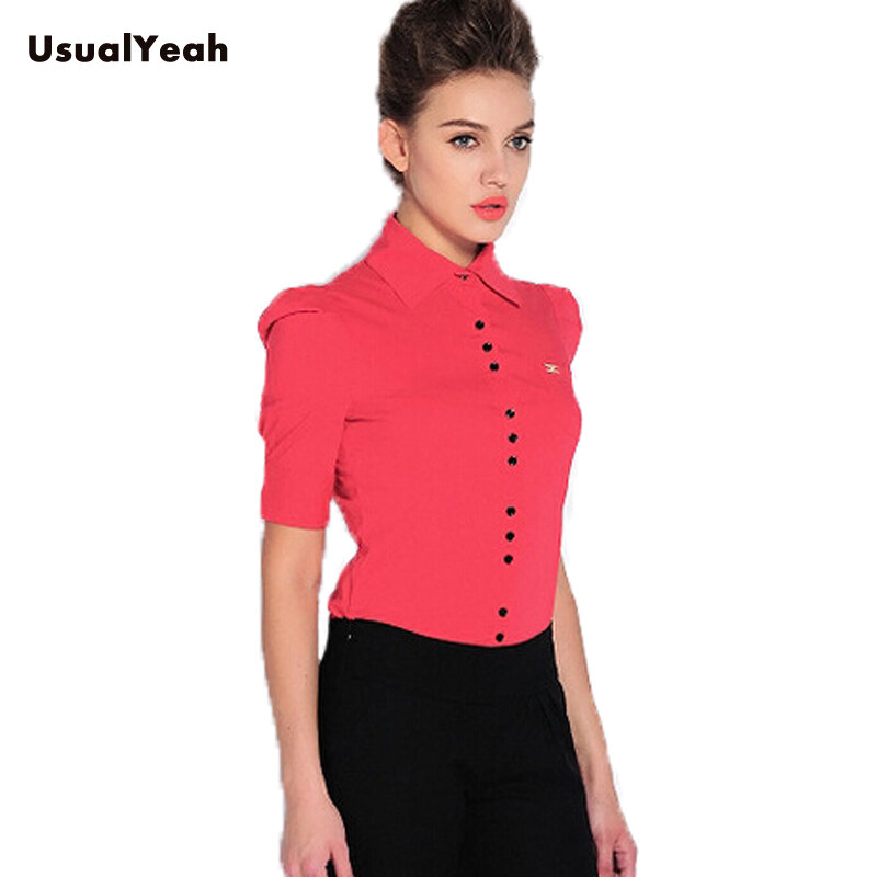 Мода 2015! Женская рубашка с коротким рукавом, рубашка-боди, дамские блузки SY0151, белый красный синий цвета, размеры S М L XL Бесплатная доставка