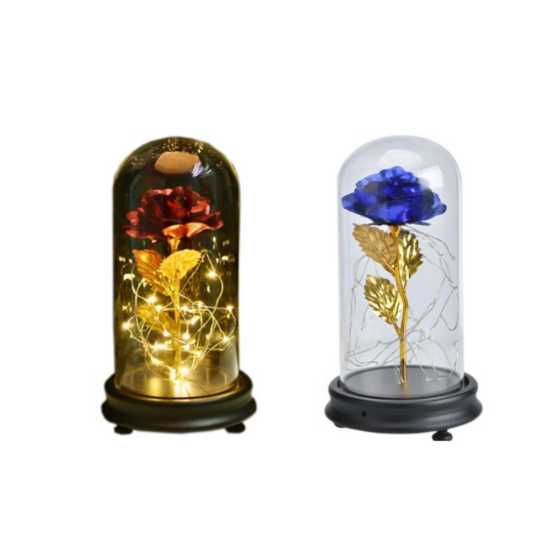 Beauty And The Beast Rose In Glass For Valentine's Gifts Gold-plated Red Rose With LED Light In Glass Dome For Wedding Party