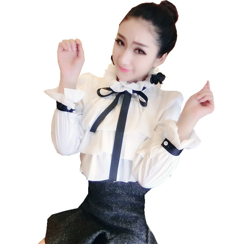 Harajuku New Spring Summer Blouse Women Long Sleeve Shirts Fashion Leisure Chiffon Shirt Bow Office Ladies Stand White Tops