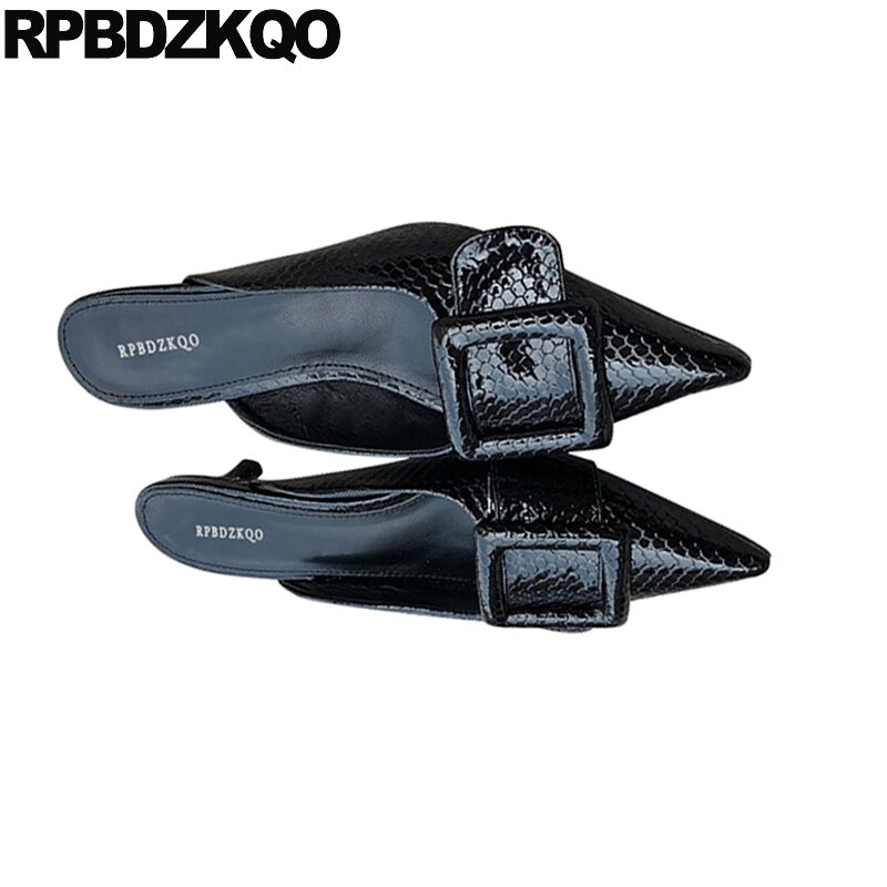 black sandals snakeskin kitten medium heels high runway shoes 2019 spring fashion women pumps ladies patent leather pointed toe