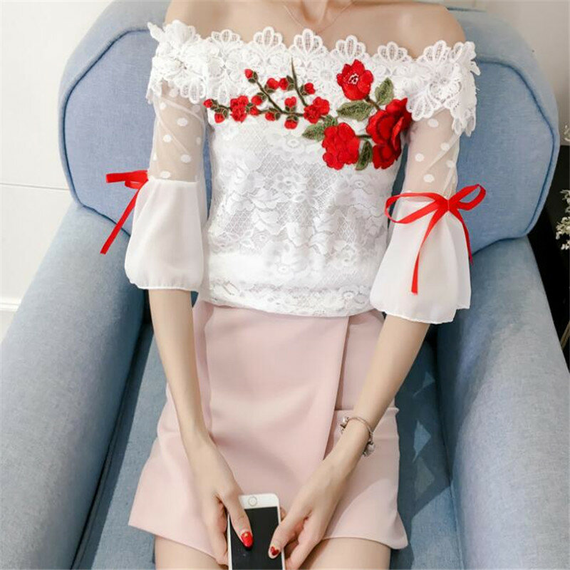 2018 Women Summer Blouse Sweet Bow Floral Embroidery Lace Shirt Lady Short Sleeve Slash Neck Mesh Blouses Blusas Short Tops A837