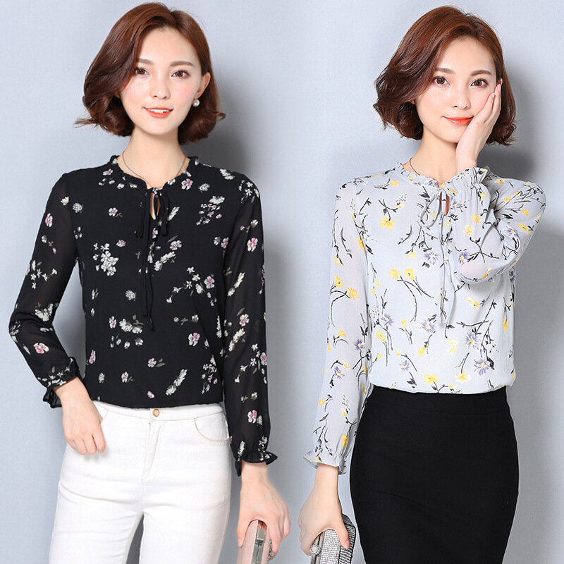 Camisa de gasa estampada para mujer, blusa holgada ajustada de manga larga, cuello redondo, ropa informal coreana, H9024, otoño y primavera