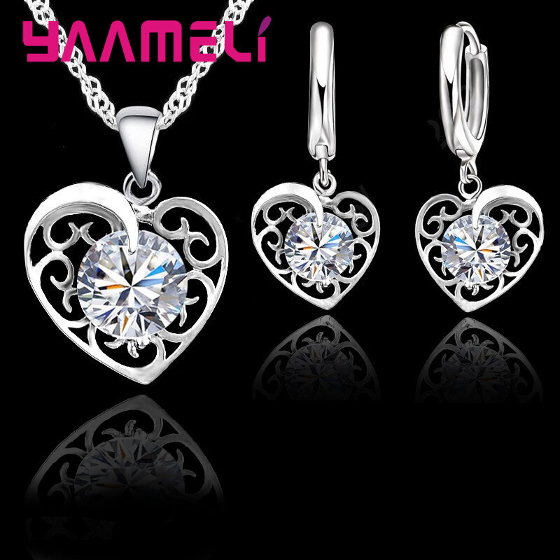 Романтический Комплект украшений в виде сердца для женщин, свадебное ожерелье с кулоном из стерлингового серебра 925 пробы, очаровательные серьги-кольца