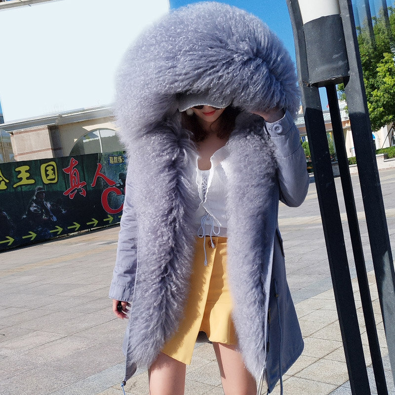 Damskie zimowe płaszcze 20 MAO MAO KONG moda damska luksusowe futro jagnięce parka futro z mongolskich owiec z kapturem płaszcz znosić kurtka zimowa