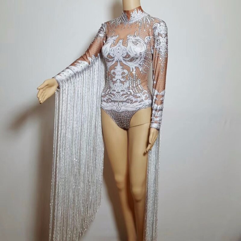 Sexy Nude Stage Tassel Bodysuit White Dance Costume Rhinestones Outfit Performance Women's Stage Clothing Show Party Dance Wear