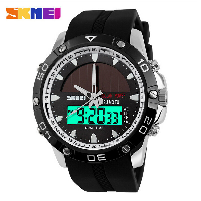 Zegarki mężczyźni wodoodporna energia słoneczna sport Casual Watch Man zegarki męskie 2 strefa czasowa cyfrowy kwarcowy zegar LED mężczyźni