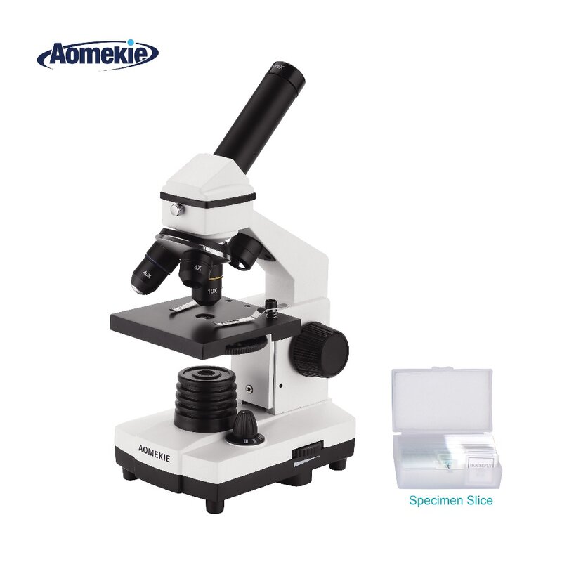 AOMEKIE-Microscópio Biológico Profissional, Casa Monocular, Ciência Estudantil, Laboratório Educacional, Up and Bottom LED, Presente, 64 X-640X