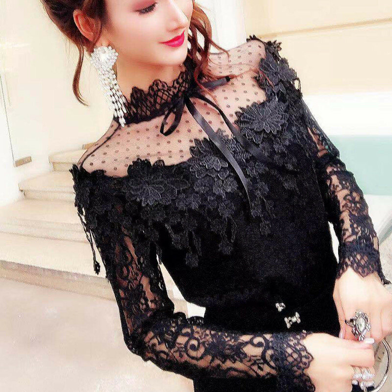 Spring Women Long Sleeve Shirt Sweet Tie Bow  Floral Lace Blouse Female Hollow Out Tassel Mesh Blouses Blusas Short Tops AB1313