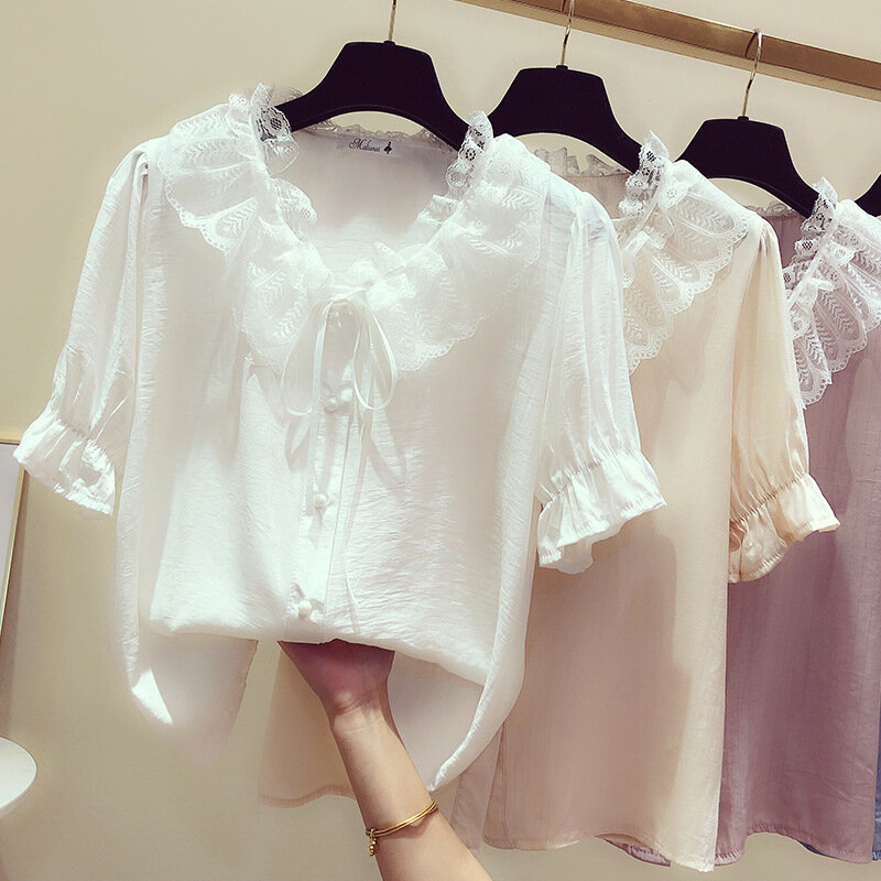 Sweet Lace Bowknot Shirt Women's Summer Short Sleeve V Collar Blouse Top Girl Pure Color New Korean Preppy Style Shirts H9155