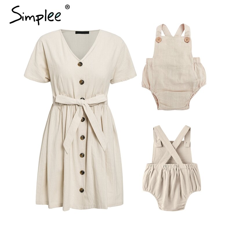 Simplee Vintage bouton femmes coton robe chemise col en V à manches courtes lin robes d'été courtes décontracté bébé barboteuse famille tenues