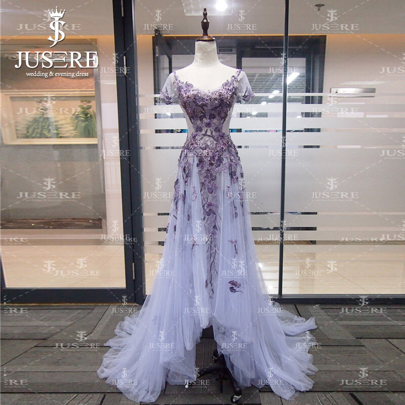 Jusere Real Photos Evening Dress In Stock Illusion Crystals Beaded Sexy Prom Gowns Fast Shipping