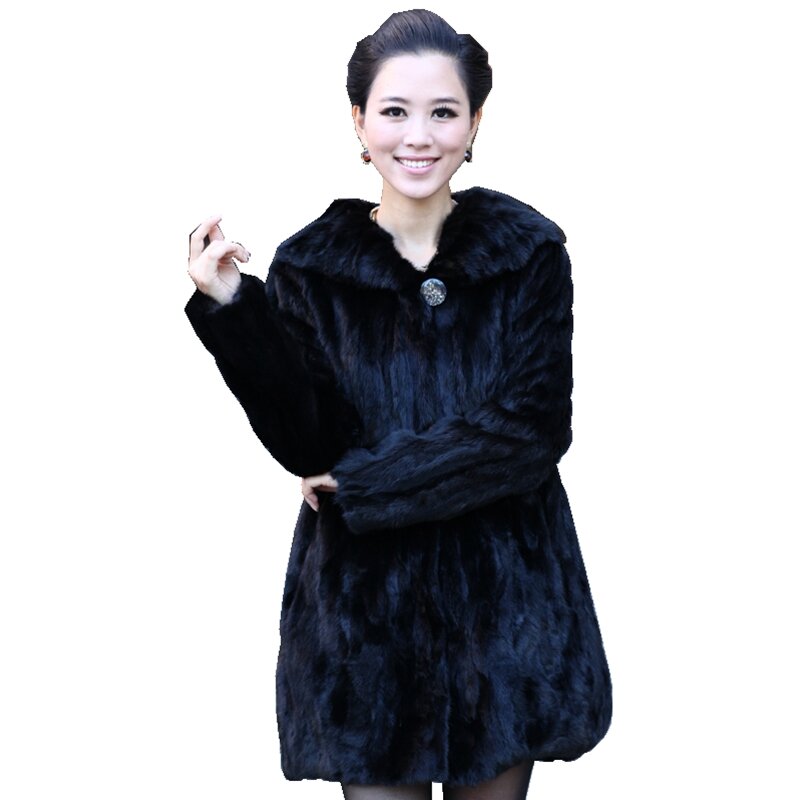 Abrigo de piel de visón para mujer, chaqueta con cuello vuelto, prendas de vestir genuinas para invierno, 4XL, 5XL, LF4323