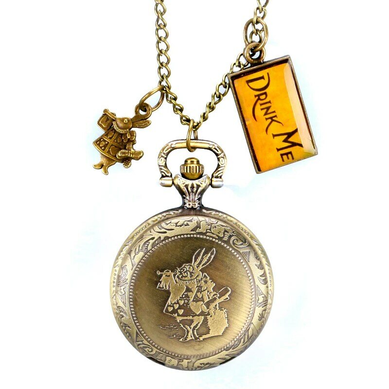 Retro Vintage Bronze Pendant Pocket Watch Little Cute Drink Me Tag Necklace Chain Top Fashion Gifts for Girls Women
