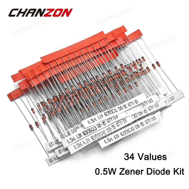 Kit assressentide diodes Zener, 34 valeurs, 0.5W, 2V, 3V, 3.3V, 3.6V, 5.1V, 5.6V, 7.5V, 10V, 12V, 13V, 15V, 16V, 18V, 20V, 22V, 24V 30V 36V 39V 43V 47V