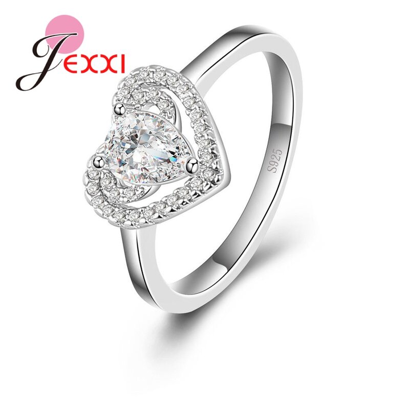 Romantis Kualitas Tinggi Elegan Temperamen Jantung 100% 925 Sterling Silver Crystal Cincin untuk Wanita Pertunangan Perhiasan Hadiah
