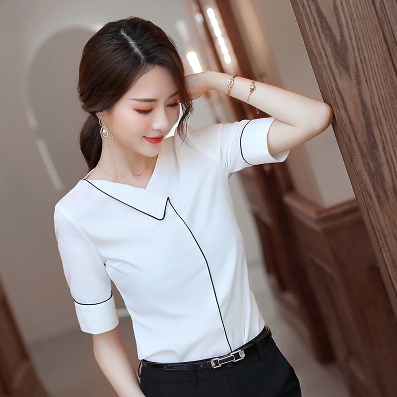 Kobiety topy lato 2019 koreański ubranie biurowe panie biznes koszula kobiet z krótkim rękawem białe damskie topy i bluzki DD2182