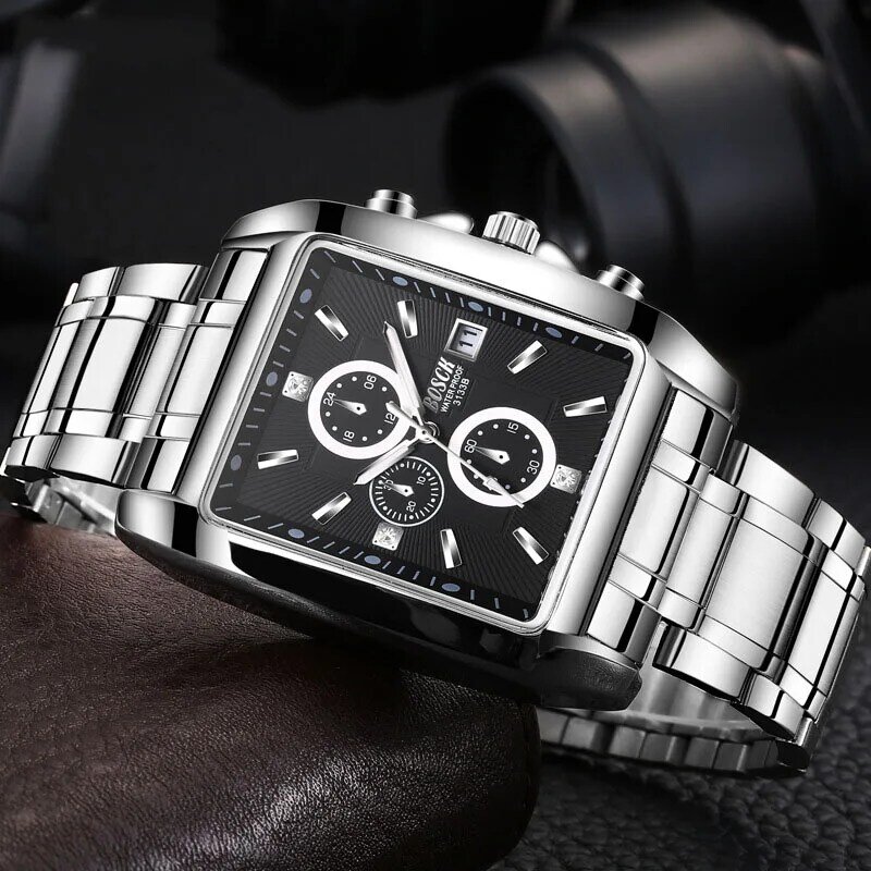 BOSCK-Relógio de pulso com mostrador quadrado masculino, pulseira de aço, quartzo, masculino, luminoso, impermeável, esportes