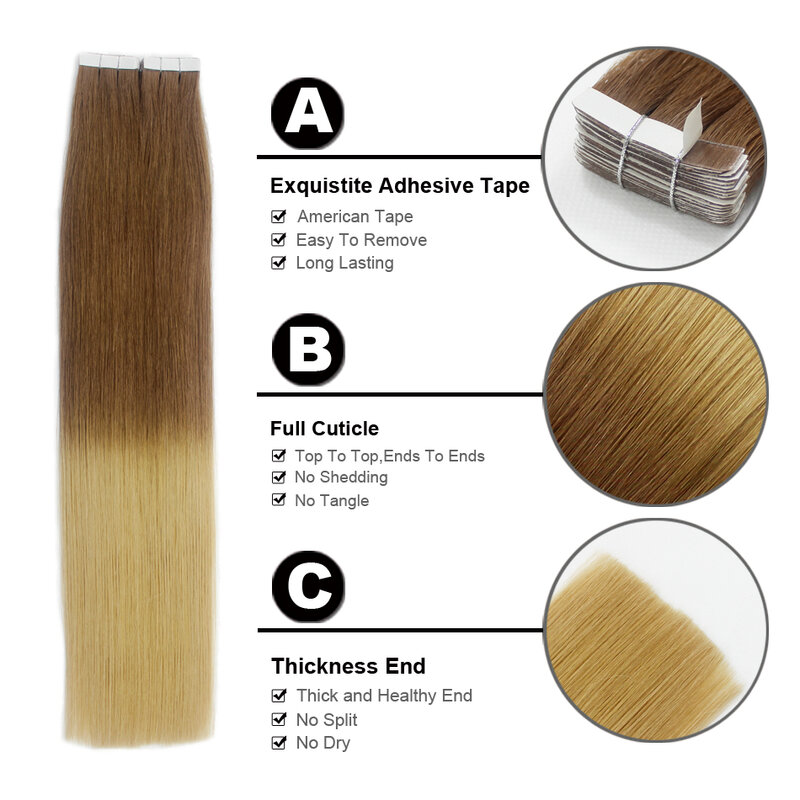 FOREVER HAIR Tape In 100% Real Remy Skin trama capelli lisci 20pcs estensioni dei capelli 40g Ombre Color T6/16 Tape Hair 16 "18" 20"