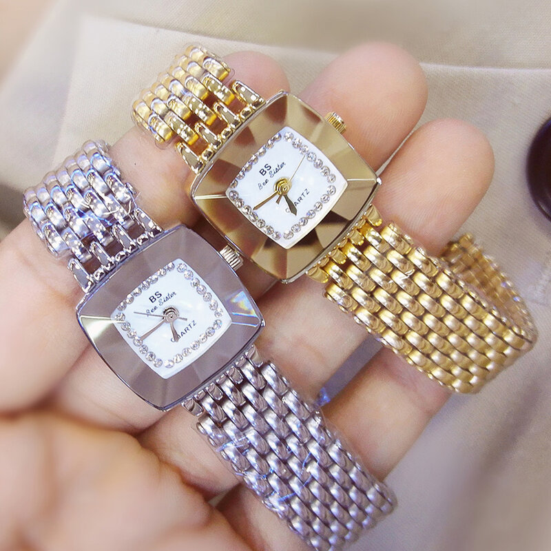 Reloj de pulsera de acero inoxidable para mujer, accesorio de marca de lujo de cristal, relojes de cuarzo dorados a la moda, 2019