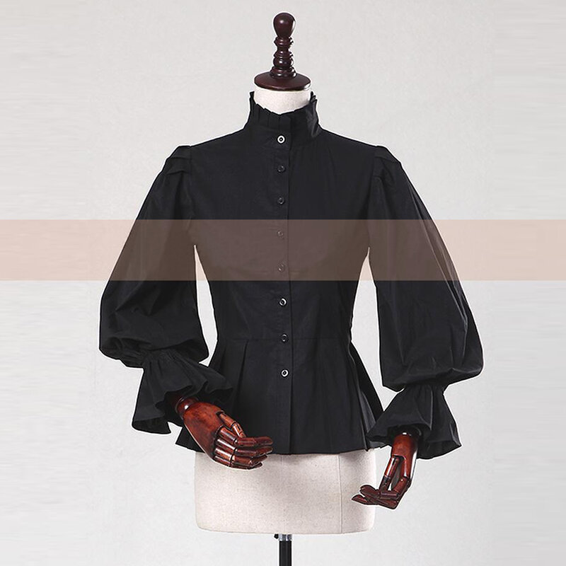 Wiosenne letnie kobiety biurowe bluzka dla pań latarnia rękaw w stylu Vintage gotyckie bawełniane bluzki damskie formalne koszule w stylu casual, czarny