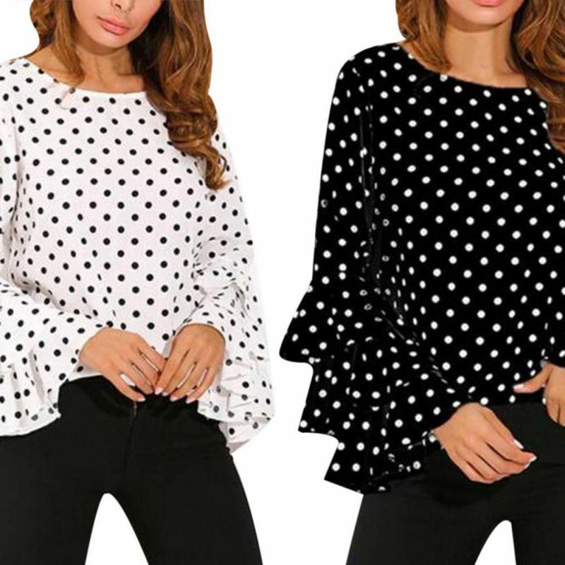 Lato 2019 bluzki damskie Blusa Vintage rękaw z płatkami szyfonowa bluzka koszula biuro Polka Dot koszule damskie O neck Ruffles Plus size
