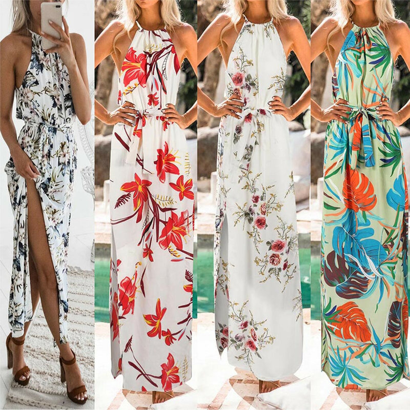 Vestido de verão longo feminino, estampa de moda boho floral sem manga festa à noite verão robe de praia w619 2019