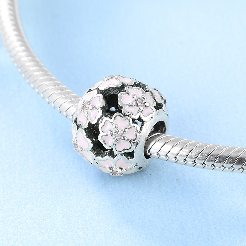 Plata de Ley 925 moda plata Rosa flores redondas esmaltadas cuentas de joyería adecuadas Original Pandora encanto pulsera fabricación de joyería
