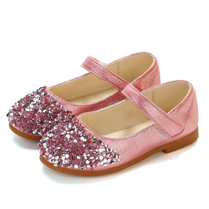 New Fashion Princess Shoes Pink Gold Silver Girls Shoes Glitter Rhinestone Sequins Kids Flats Children Wedding Party Dress Shoes