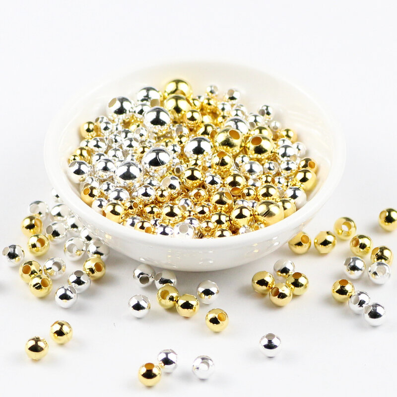 Jhnby-ouro chapeado contas de metal, 2/3/4/5/6/8mm, espaçador ferro redondo, contas soltas para jóias, pulseiras, colar, acessórios diy