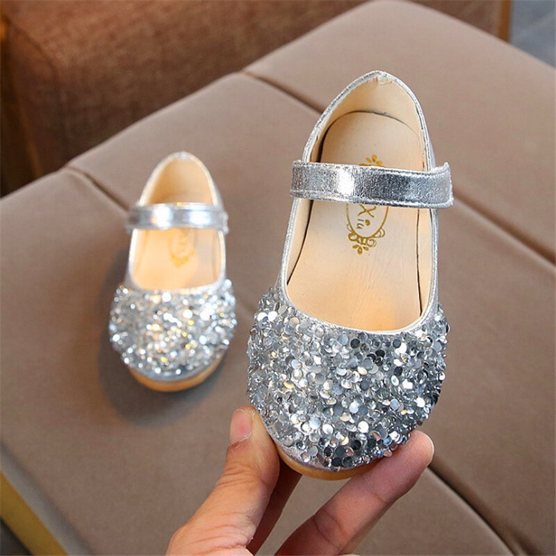Zapatos de princesa de moda para niñas, zapatos planos de lentejuelas con diamantes de imitación brillantes, color rosa, dorado y plateado, para fiesta de boda