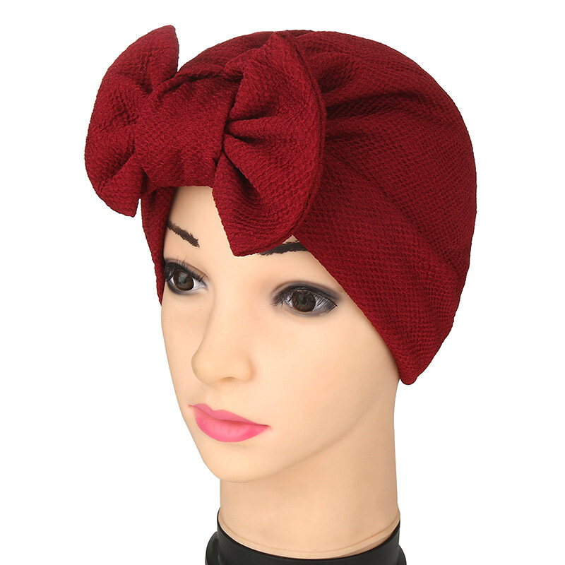 KepaHoo Fashion Women Solid Muslim Turban Indian Cap Bowknot Elastic Beanies Hat Bonnet Headwrap