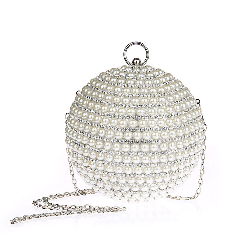 JaneVini New Designer Women Evening Bag Pearls Gold/Silver Beaded Ball Shoulder Bag Round Handbag Wedding Party Chain Bag 2018