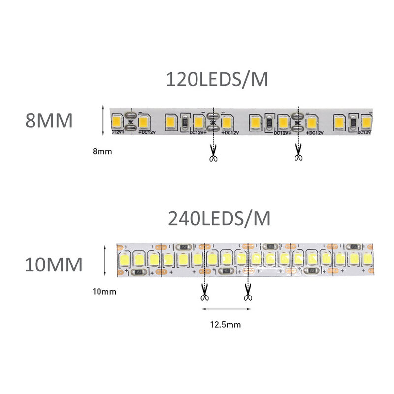 LED 스트립 빛 12V DC SMD 2835 120LED/M 1M 2M 3M 4M 5M Tira LED 스트라이프 테이프 따뜻한 화이트 240LED/M 유연한 실내 홈 조명