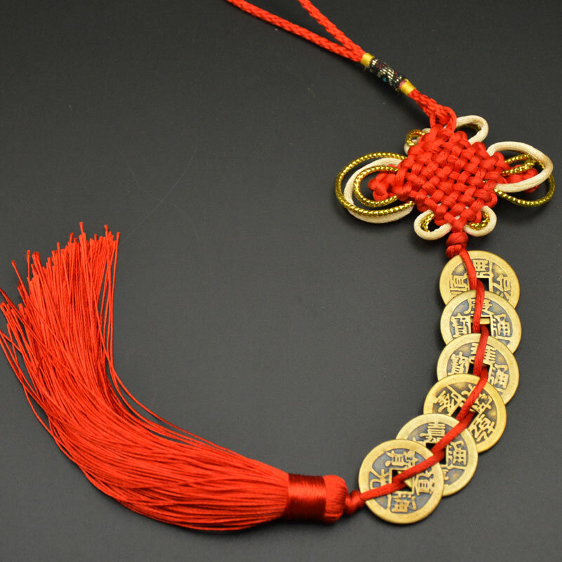 Chiński ręczny węzeł Fengshui talizmany starożytne I CHING miedziane monety maskotka dobrobyt ochrona szczęście dekoracja do domu samochodu