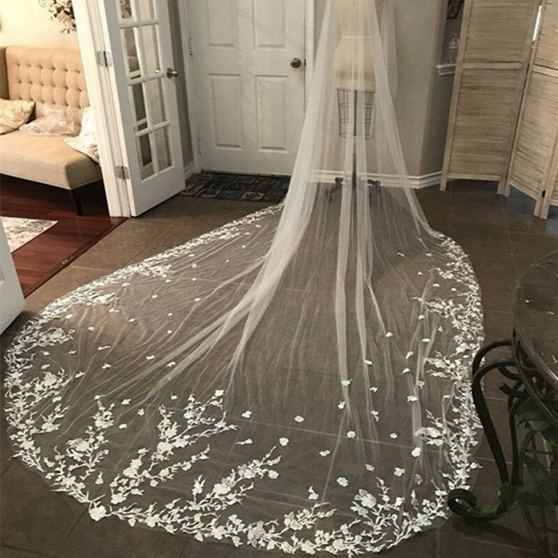 Nova Imagem Real Uma Camada Véu De Casamento Marfim Branco Lace Applique Edge Bridal Cathedral Free Comb Acessórios Custom Made Veil
